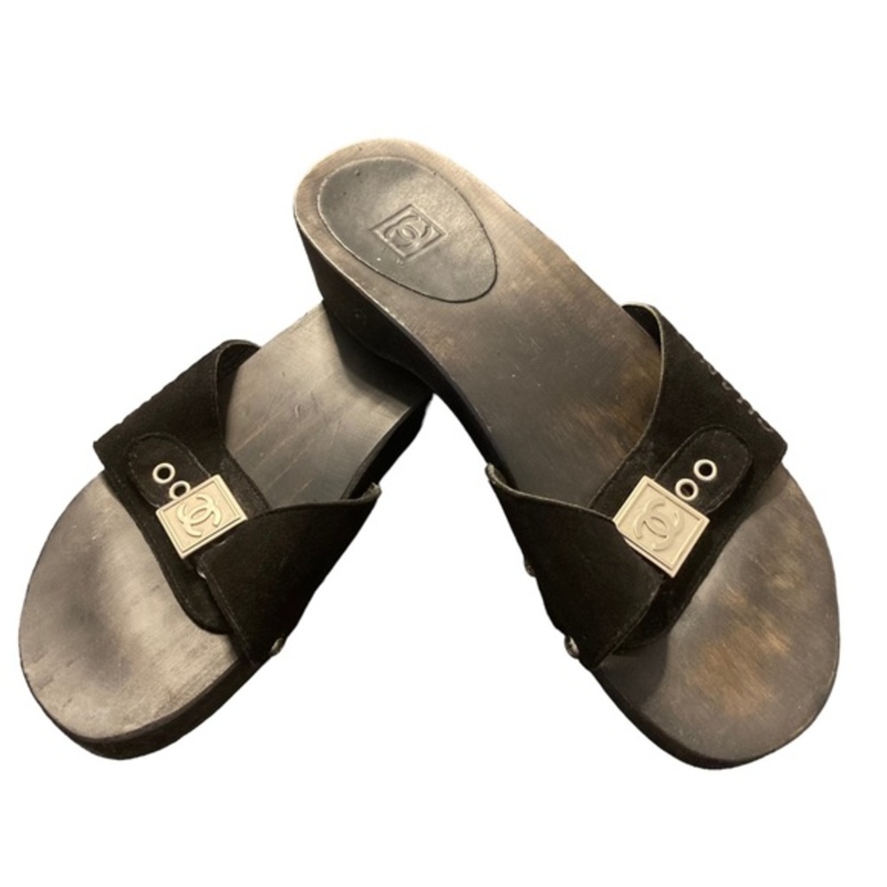 Vintage Chanel Sandals Black CC Mules Wooden Clogs Size 37
